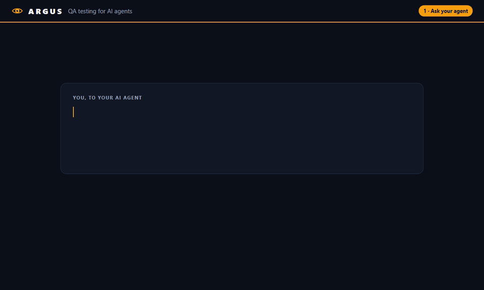 Demo: an AI agent runs a checkout test through Argus. The tool calls appear beside the real browser, one check fails, the report explains why with a screenshot and the agent's suggested fix, and the report is emailed to the client.