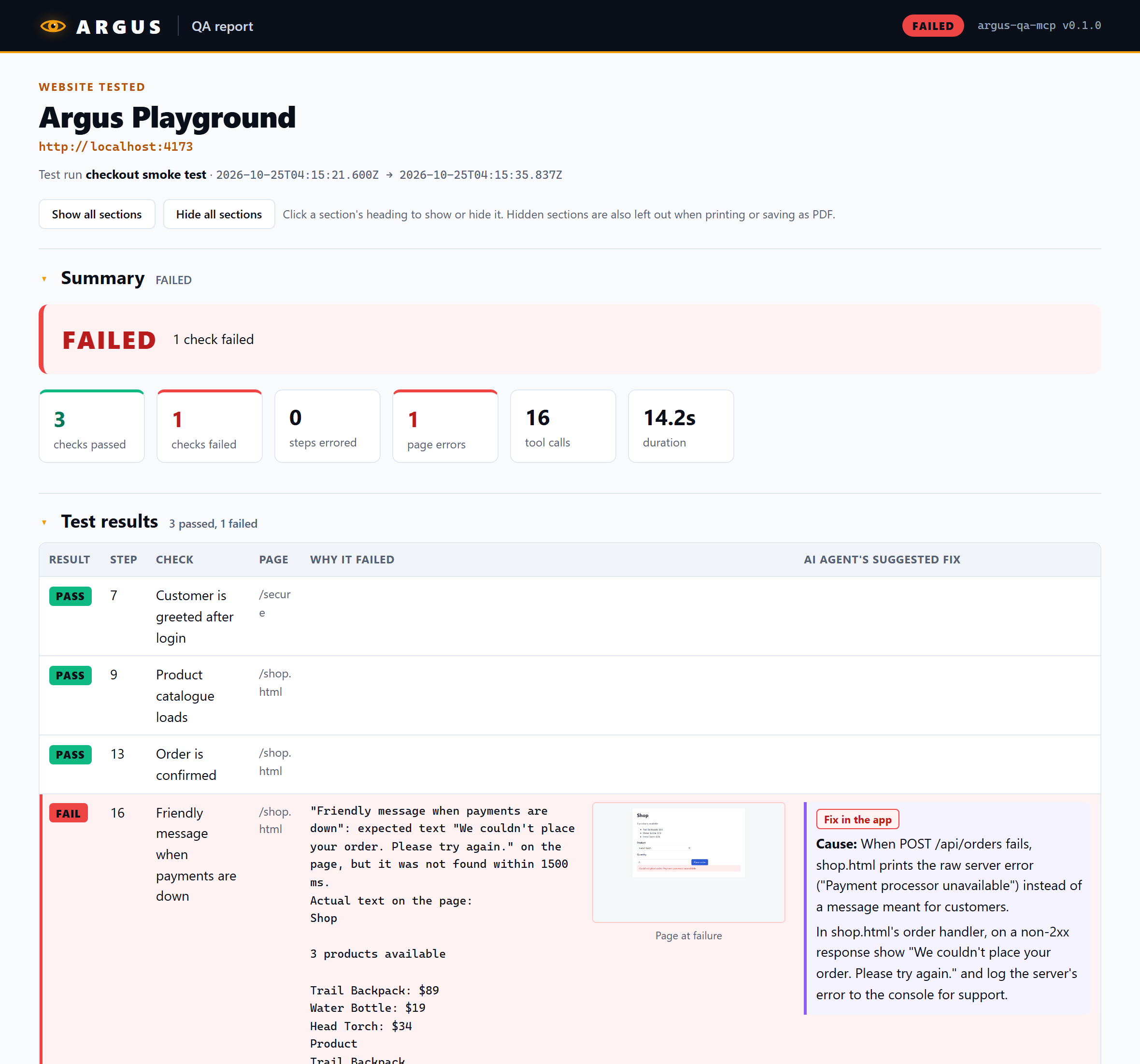 An Argus report: the website tested, a FAILED verdict, stat tiles, and a test results table where the failed check shows why it failed, a screenshot, a video timestamp and the AI agent's suggested fix.